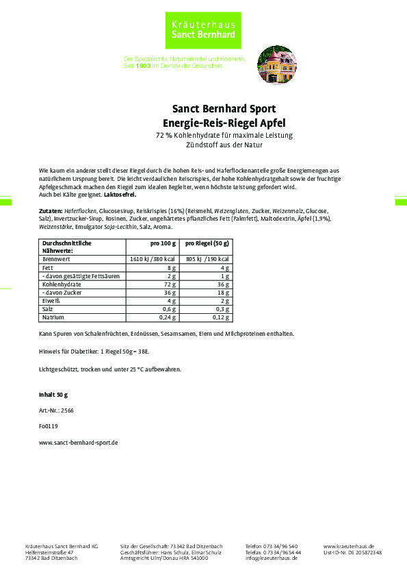 Sanct Bernhard Sport Energie Reis-Riegel Apfel