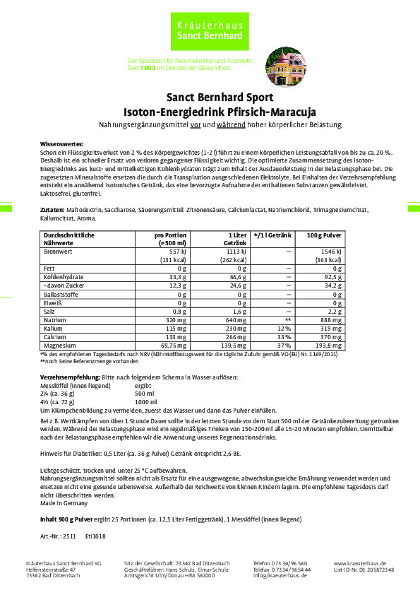 Sanct Bernhard Sport Isoton-Energiedrink Pfirsich-Maracuja