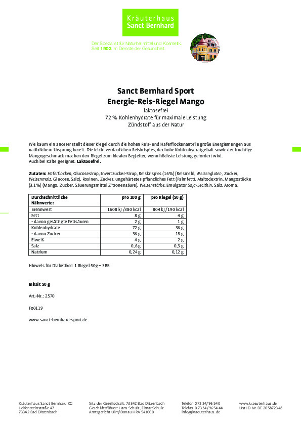 Sanct Bernhard Sport Energie Reis-Riegel Mango
